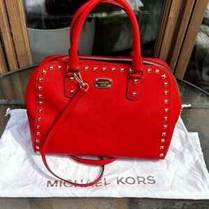 Michael Kors Bright Red Studded Satchel with Gold Hardware